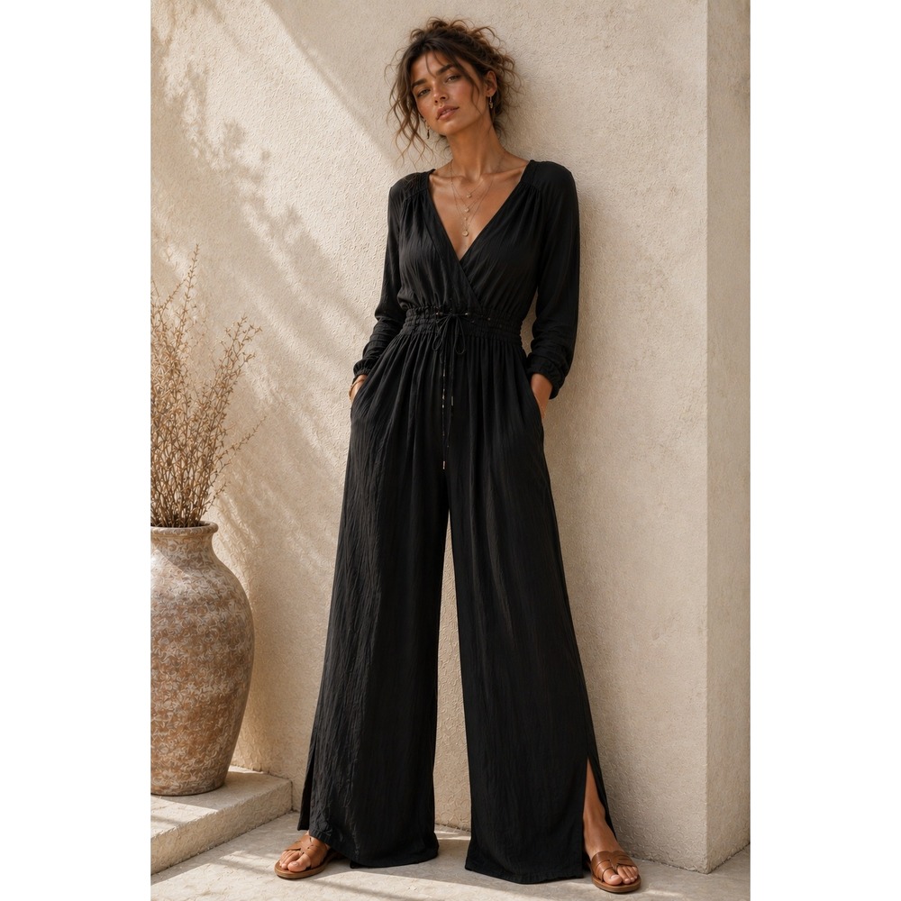 Three Bird Nest Jumpsuit M Black Long Sleeve Wide Leg Slit Hem Boho Minimalist